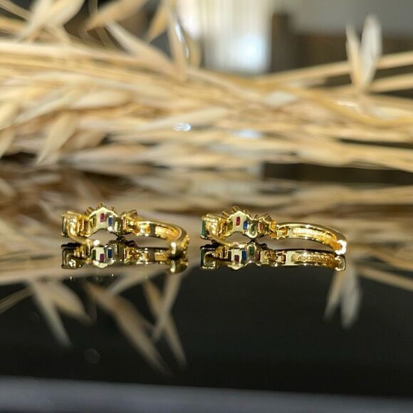 Gold Plated Baguette Huggie Hoop Earrings Dainty Minimalistic Silver CZ gems - Picture 6 of 6